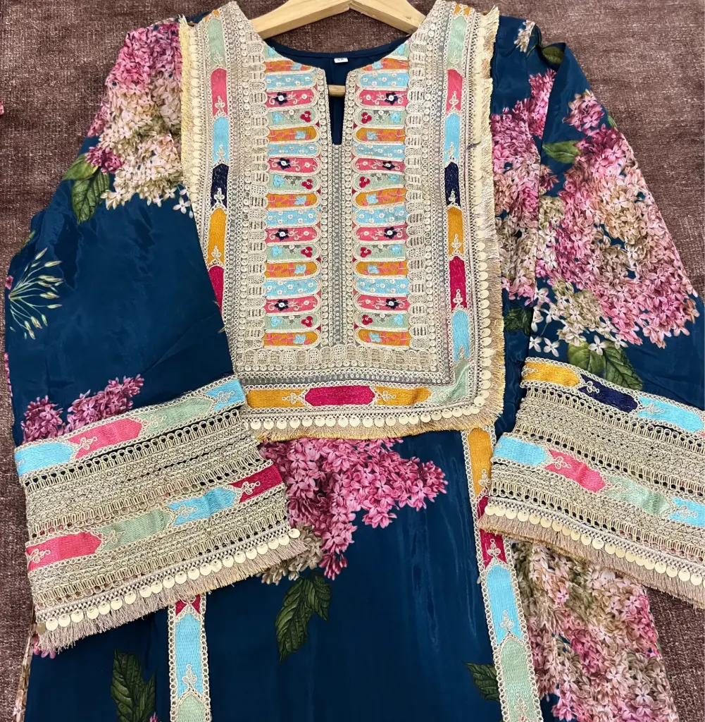 Floral Kurta with Multicolor Panel & Lace Detailing