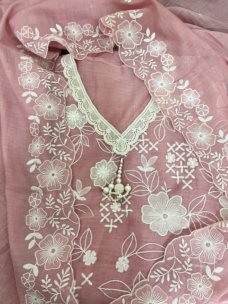 Dusty Pink Pastel Floral Embroidered Mul Cotton Suit Set