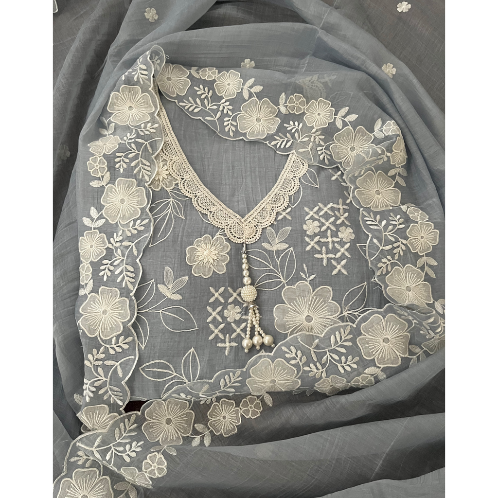 Powder Blue Floral Embroidered Mul Cotton Suit Set