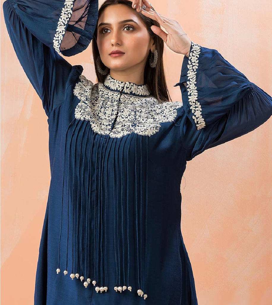 Navy Blue Embroidered Cord Set