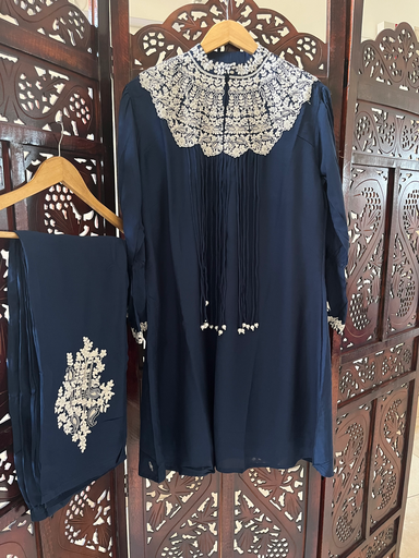 Navy Blue Embroidered Cord Set