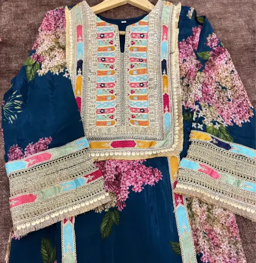 Floral Kurta with Multicolor Panel & Lace Detailing