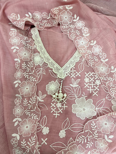 Dusty Pink Pastel Floral Embroidered Mul Cotton Suit Set