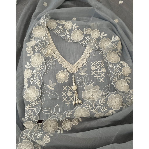 Powder Blue Floral Embroidered Mul Cotton Suit Set