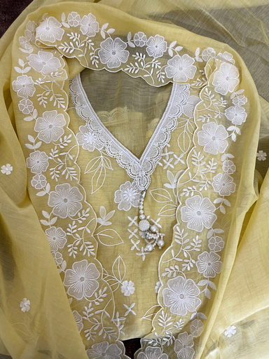 Lemon Yellow Pastel Floral Embroidered Mul Cotton Suit Set